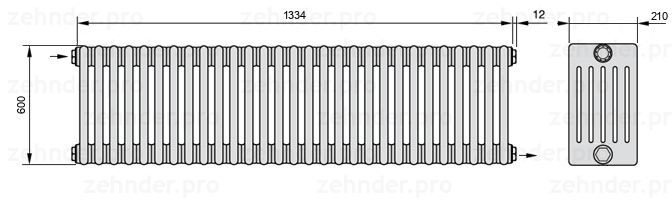 Схема (чертеж) Радиатор Zehnder Charleston 6060/29 №1670 Белый глянцевый RAL 9016